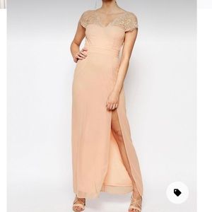 Elise Ryan Scalloped Nude Lace Maxi Dress with V Back and Thigh Slit